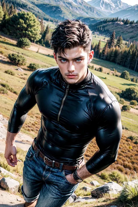 photo of male,, big biceps, bulge, ((light bokeh)), intricate, elegant, erotic, exuding sexual energy, (masterpiece), ((island beach)), (detailed face),wearing tight black leather from head to toe,leather jacket on top,standing on ocean water,soaking wet.