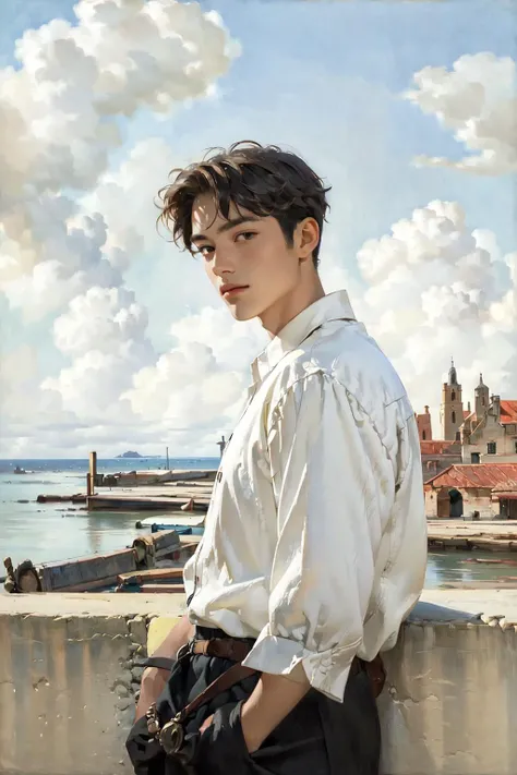 handsome male,white shirt,<lora:Johannes Vermeer style:1.5>,Johmeer,detailed background,sunlight,sunshine,outdoor,sea,sky,