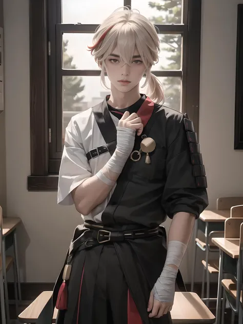 masterpiece,best quality,1boy,bandaged arm,bandaged hand,bandages,bangs,eyebrows visible through hair,hair between eyes,long hair,looking at viewer,male focus,multicolored hair,parted lips,red eyes,solo,tree,upper body,full body,classroom,solo,<lora:KazuhaCostumeGenshinImpact:0.8>,