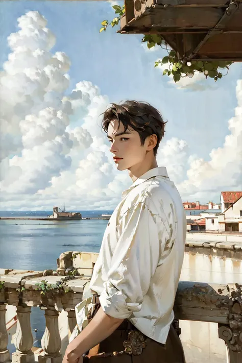handsome male,white shirt,<lora:Johannes Vermeer style>,Johmeer,detailed background,sunlight,sunshine,outdoor,sea,sky,<lora:æ»åç»èdetail_slider_v4:-1>,against railing,
