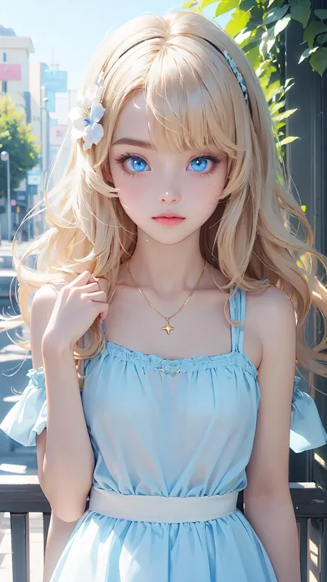 <lora:AIKawaiiTech-20:1>, kawaiitech,high school student,cute girl,blueeye,looking at viewer,shamed,sakure hairpin,gold necklace,white flower hair onament,masterpiece,best quality,outdoor,