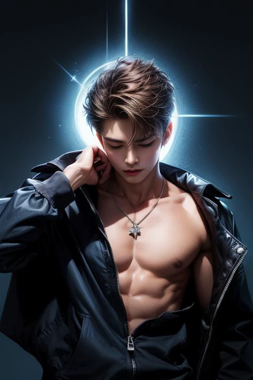 glowing line, 1boy, solo, closed eyes, vortex, hand down, dark  blue background, magic, necklace, shirtless, brown short hair, glowing, half body, view from bottom, (((bara))), <lora:add_detail:1>,