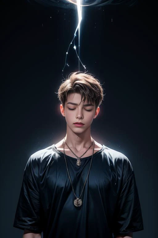 glowing line, 1boy, solo, closed eyes, vortex, hand down, dark blue background, magic, necklace, shirtless, brown short hair, glowing, half body, view from bottom,
<lora:add_detail:1>,