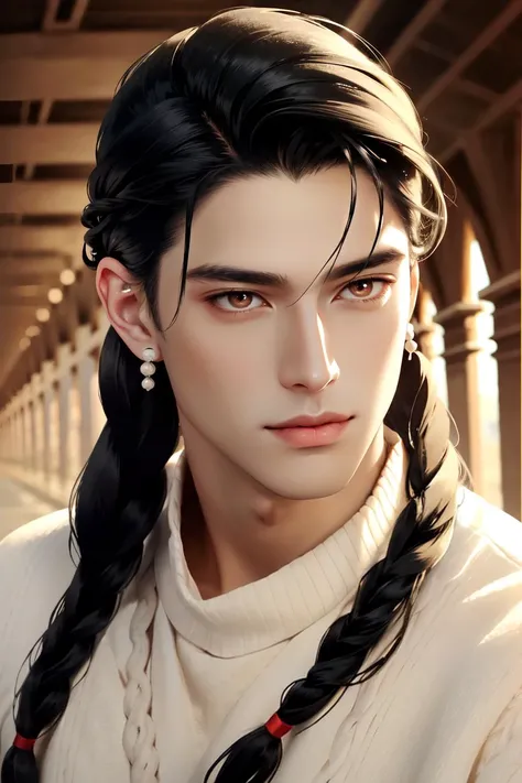 (Photorealism), ((Male)), man, mature, guy, solo1, very long hair. (many multiple chunky fishtail braids, adorned with metal beads, twists, and inverted and non-inverted braids), Olive Skin Tone, (black hair), (nose with a prominent bridge), nose with an upturned tip, ((red eyes)), high cheekbones, strong jawline. stern faced, hard-faced, masterpiece, best quality, detailed eyes, beautiful eyes,score_9, score_8_up, score_7_up, (masculine), handsome, soft colors, simple blurry background. Teasing smirk. Very tall, Sensual. (Slim). Modern , Casual knitted loose Pullover. Cozy ambience.