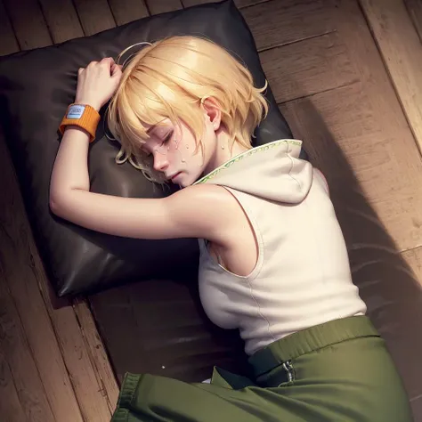 ((Cheryl Mason, blonde_hair, woolcuffs)), to8contrast style, semi-realistic, masterpiece, best quality, highres, 1girl, solo, jacket, pockets:0.5, white_jacket, sleeveless, pillow, bedsheet, bed, (closed_eyes, (tears:1:3, crying:1.3), laying down:1:2, green_skirt), ((from_above:1.5), freckles, upperbody), dark, orange_turtleneck, (darkness:1.5), night time, indoors, short hair, ((adult, woman, closeup)) <lora:CHMason:0.8> <lora:theovercomer8sContrastFix_sd15:0.3>