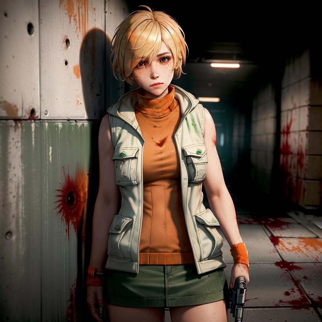 ((Cheryl Mason, blonde_hair, woolcuffs)), to8contrast style, semi-realistic, masterpiece, best quality, highres, 1girl, solo, (jacket, pockets:0.5, white_jacket:1.4, sleeveless, green_skirt, freckles, orange_turtleneck:1.4, blood:1.5), dark, (darkness:1.5), night time, indoors, short hair, adult, woman, (handgun:1.5, gun, holding_gun:1.3) <lora:CHMason:0.8> <lora:theovercomer8sContrastFix_sd15:0.3>