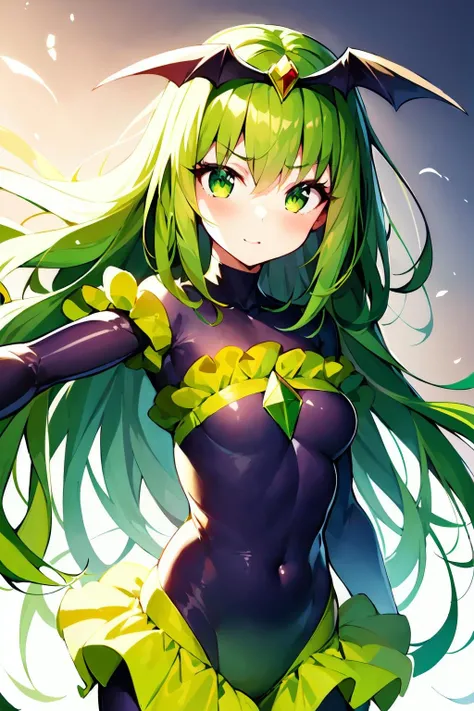 1 girl, Bad_End_Precure, Bad_End_March, green long hair, green eyes, frilly bodysuit, standing, fighting, fly, magic, masterpiece <lora:BadEndPrecureOutfit_V1:0.7>, cure_march, green gems