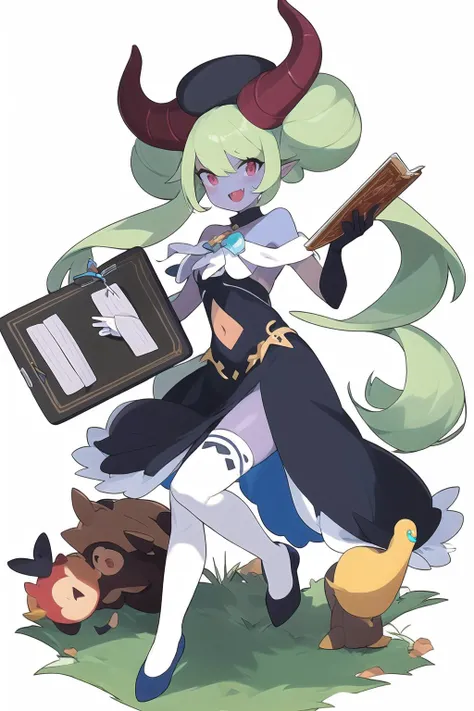 (masterpiece, best quality:1.5),1girl, hat, open mouth, gloves, green hair, smile, white background, clipboard, white gloves, dark skin, simple background, fang, dress, holding, sleeveless, looking at viewer, double bun, dark-skinned female, :d, black footwear, book, full body, blue eyes, fingerless gloves, sleeveless dress, black dress, armpits, bangs, blush, pokemon \(creature\), boots, bird, bare shoulders, scrunchie, pen1girl, horns, thighhighs, colored skin, red eyes, blue skin, open mouth, long hair, twintails, smile, white hair, black legwear, very long hair, white background, fang, navel, skirt, solo, capelet, simple background, looking at viewer, standing, pointy ears, full body, scar, standing on one leg, blue footwear, :d, stuffed toy, black skirt, demon horns, holding, demon girl, stuffed animal, bangs, shoes, navel cutout, ribbon, dress, clothing cutout