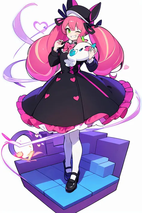 1girl, pink hair, multicolored hair, eyepatch, smile, long hair, shoes, green eyes, hat, blue hair, white background, grin, dress, socks, white legwear, simple background, full body, mary janes, two-tone hair, food, black footwear, long sleeves, tail, solo, holding, ribbon, heart, twintails, bow, puffy sleeves, bangs, looking at viewer, demon tail, virtual youtuber, one eye closed, stuffed toy, very long hair, hair ribbon, standing, frills