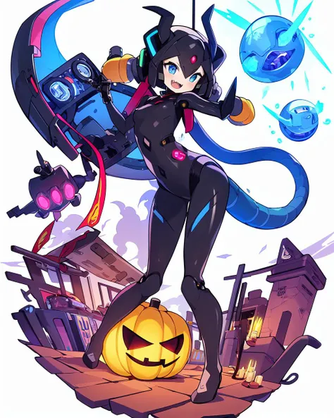 1girl, solo, blue eyes, candle, open mouth, smile, white background, horns, tail, full body, robot, jack-o'-lantern, simple background, looking at viewer, claws, fang, mechanical tail, humanoid robot, breasts, colored tongue, :d, bodysuit, mecha musume, small breasts, blue tongue, standing