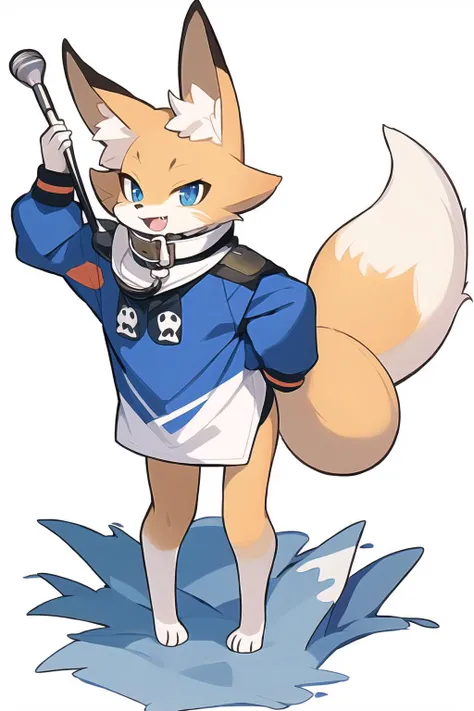 (masterpiece, best quality:1.5),blue eyes, solo, tail, open mouth, white background, simple background, fang, furry, full body, animal ears, standing, collar, smile, fox, fox tail, looking away, animal ear fluff