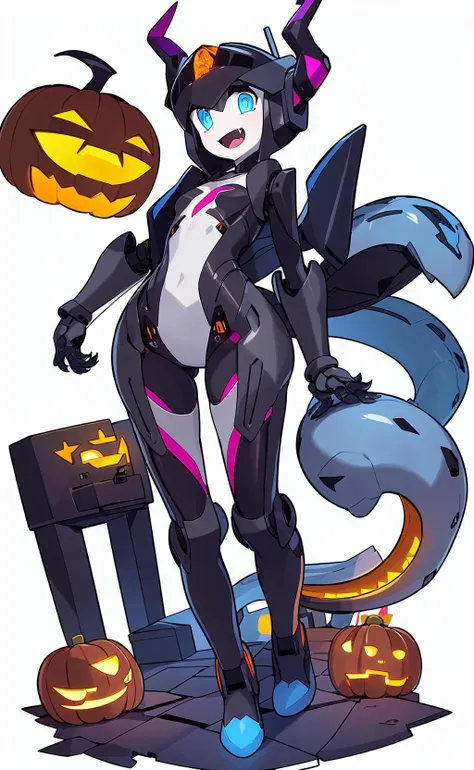 1girl, solo, blue eyes, candle, open mouth, smile, white background, horns, tail, full body, robot, jack-o'-lantern, simple background, looking at viewer, claws, fang, mechanical tail, humanoid robot, breasts, colored tongue, :d, bodysuit, mecha musume, small breasts, blue tongue, standing