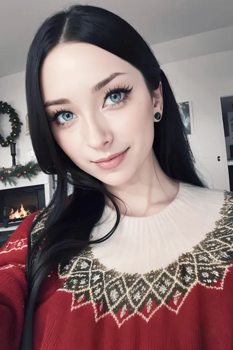 (RAW 8k photo) of <lora:aurora_rain_lora:0.8>, (wearing edgPO pullover, edgPO, christmas themed sweater), <lora:edgPullovers:1>, (RAW photo, best quality), (realistic, photo-realistic:1.4), masterpiece, an extremely delicate and beautiful, extremely detailed, 2k wallpaper, Amazing, finely detail, extremely detailed CG unity 8k wallpaper, ultra-detailed, highres, soft light, mascara, makeup, beautiful detailed woman, smiling, perfect anatomy, long hair, extremely detailed eyes and face, beautiful detailed nose, beautiful detailed eyes, cinematic lighting, in the front room, christmas backdrop, winter scenery, christmas decorations, fireplace
