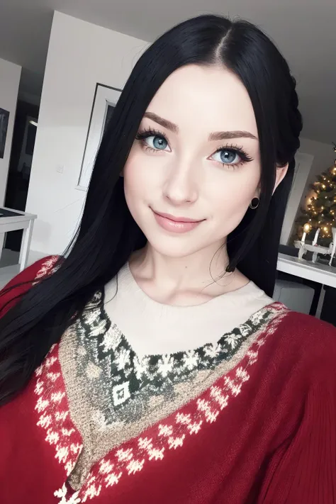 (RAW 8k photo) of <lora:aurora_rain_lora:0.8>, (wearing edgPO pullover, edgPO, christmas themed sweater), <lora:edgPullovers:1>, (RAW photo, best quality), (realistic, photo-realistic:1.4), masterpiece, an extremely delicate and beautiful, extremely detailed, 2k wallpaper, Amazing, finely detail, extremely detailed CG unity 8k wallpaper, ultra-detailed, highres, soft light, mascara, makeup, beautiful detailed woman, smiling, perfect anatomy, long hair, extremely detailed eyes and face, beautiful detailed nose, beautiful detailed eyes, cinematic lighting, in the front room, christmas backdrop, winter scenery, christmas decorations, fireplace
