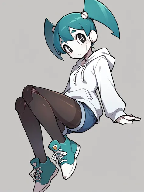 score_9, score_8_up, score_7_up, score_6_up, score_5_up, score_4_up, source_anime, BREAK
(1girl, solo:1.2), simple background, <lora:XJ-9:0.8> xj9, robot girl, robot joints, android, joints, twintails, aqua hair ,black eyes, colored skin, white skin, looking at viewer, bolt, ((black-sneakers)), ((hoodie)), ((denim-shorts)), ((black-pantyhose)), ((pantyhose-under-shorts))