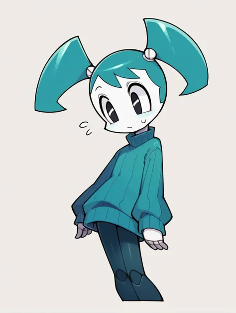 score_9, score_8_up, score_7_up, score_6_up, score_5_up, score_4_up, source_anime, BREAK
(1girl, solo:1.2), simple background, <lora:XJ-9:0.8> xj9, robot girl, black eyes, aqua hair, sweaterdress, turtleneck, ribbed sweater, oversized sweater, blue sweater, pantyhose, twintails,
