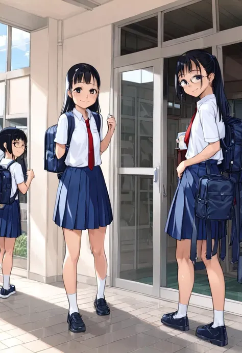 1girl, glasses, black hair, white shirt, pleated skirt, red necktie, shoes, standing, blue skirt, looking at viewer, smile,
genkan, syoukouguchi, school, window, outdoors, multiple girls, black backpack, school bag,
<lora:school_genkan_SDXL_V1:1>
best quality, ultra-detailed, illustration, <lora:col_xl:0.8>