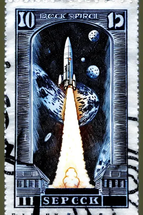 best quality,stamp,design_on_black_background,giant spaceship launch