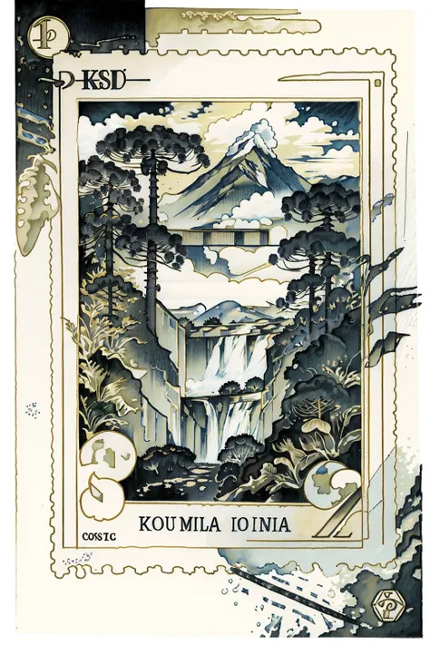 (best quality), masterpiece,illustration.,8k_raw,highres,(stamp:1.5),Postmark, <lora:araucaria-10:1>,(araucaria),waterfall,mountain, stamp mark,<lora:2Dstamp:1>,landscape, cloud,  <lora:Fantastic abstract illustration:0.4>,
