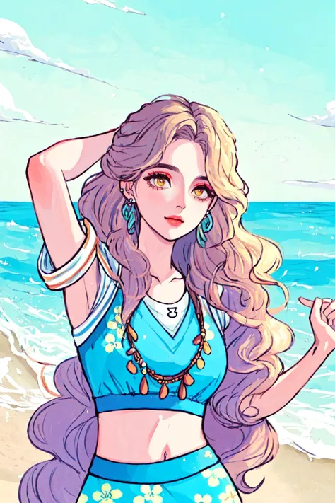 Soft Pastel Style, (masterpiece:1.2, best quality), (1lady, solo, upper body:1.2), Clothes: flowy, bohemian, colorful prints, Appearance: long wavy hair, natural makeup, multiple ear piercings, Behavior: free-spirited, spontaneous, social, Location: beach town, tropical island, or desert oasis, Hobbies: surfing, yoga, dancing<lora:Pastel_Style:0.8>