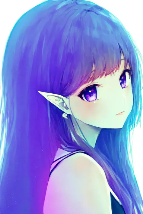 Soft Pastel Style, 1girl, bangs, bare shoulders, from side, long hair, looking at viewer, pointy ears, purple eyes, simple background, solo, upper body, white background <lora:Pastel_Style:1>