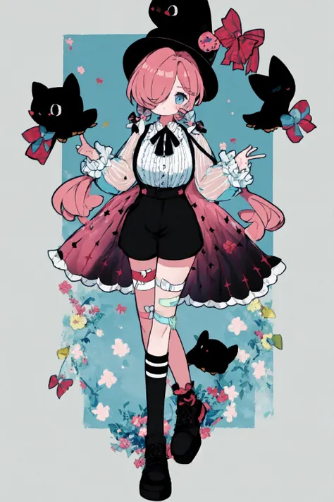 Soft Pastel Style, Soft Pastel Style, 1girl, voluptous, large breasts, sexy, animal hat, asymmetrical legwear, bandaid, bandaid on face, bandaid on knee, bandaid on leg, bangs, black bow, black footwear, black headwear, black shorts, blue eyes, bow, closed mouth, frilled capelet, frills, full body, hair between eyes, hair over one eye, hat, holding, holding stuffed toy, legwear garter, long sleeves, looking at viewer, object hug, pink hair, ribbon, see-through, shirt, shoes, short hair, shorts, simple background, socks, solo, standing, striped, striped bow, stuffed animal, stuffed toy, white background, white socks <lora:Pastel_Style:0.8>
