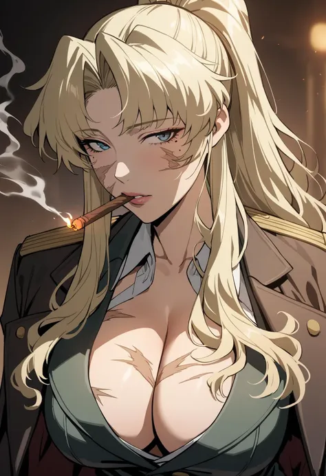 1girl, solo, Balalaika, long hair, blue eyes, blonde hair, military jacket, jacket on shoulders, suit, pant suit, ponytail, lips, smoking, cigar, formal, scar, scar on face, burn scar, burn scar on face, large breasts, cleavage, mole under eye, upper body, masterpiece, best quality, <lora:Balalaika:0.7>