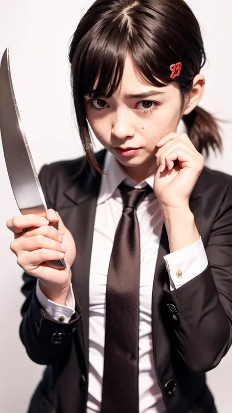 1girl, holding knife, <knife-holding>, bulging eyes, slightly smile, sweat, nervous, crazy, constricted_pupils, small breasts, perky breasts, business suit, closed mouth, blushing, blazer, black necktie, white collared shirt, (brown eyes), crazy background <lora:crazyExpressions_:1> <lora:kobeni_v10:1>