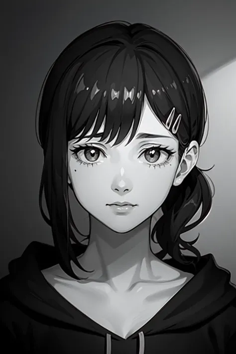 <lora:kobeni_v10:1>(masterpiece, best quality, ultra-detailed, best shadow), hyper detail,best illumination,8K, shiny hair,(hair flaps), shaded face, close-up, trending on ArtStation,(monochrome:1.3), 1girl, looking at the frame,blac
k hoodie
