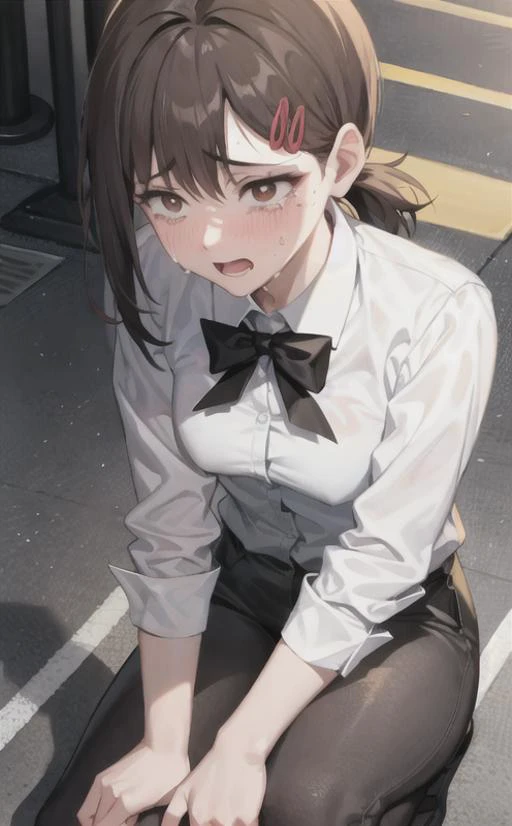 (sfw),(illustration:1.0), perfect composition, high sharpness, 1girl, small breasts, sweating, crying, blushing, brown eyes, white shirt, black pants, on the street, in public, night street, people around, night lights, neon lights, soft lighting <lora:kobeni_v10:0.9>