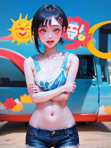 masterpiece, mafuyu, 1girl, solo, upper body, standing, looking at viewer, bare shoulders, smiling, outdoors, detailed face, beach,  sailor suit, sunshine, denim, denim shorts, short shorts, tank top, jewelry <lora:ahegaoRollingEyes_v1114:1> <lora:kobeni_v10:1>