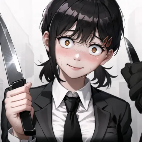 1girl, kobeni, holding knife, sweat, <sword-holding>, constricted_pupils, small breasts, perky breasts, business suit, crazy look, crazy eyes, slight smile, closed mouth, yandere, blushing, blazer, black necktie, white collared shirt, (brown eyes),crazy background <lora:kobeni_v10:1> <lora:crazyExpressions_:1>