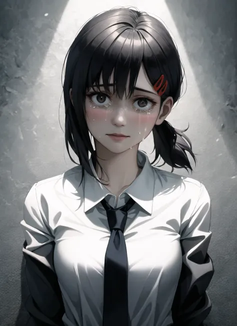 best quality, masterpiece, highres, original, extremely detailed wallpaper, (ultra-detailed), (best illustration), (best shadow), (realism), small breasts, perky breasts, business suit, holding a knife, crazy look, crazy eyes, yandere, crying, blushing, blazer, black necktie, white collared shirt, sword_holding, (brown eyes) <lora:kobeni_v10:1> <lora:crazyExpressions_:0.5>
