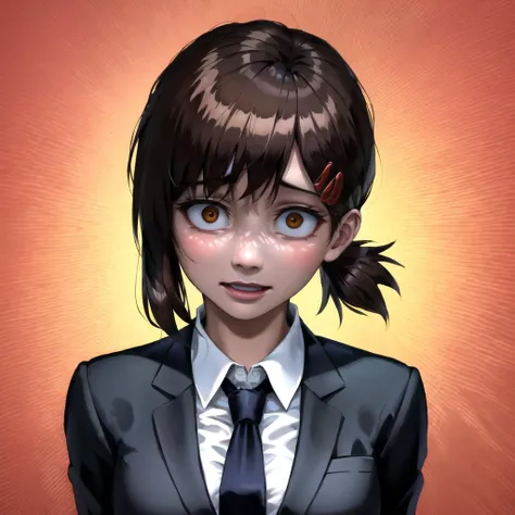 kobeni, (realism), small breasts, perky breasts, business suit, crazy look, crazy eyes, yandere, blushing, blazer, black necktie, white collared shirt, (brown eyes) <lora:kobeni_v10:1> <lora:crazyExpressions_:1>