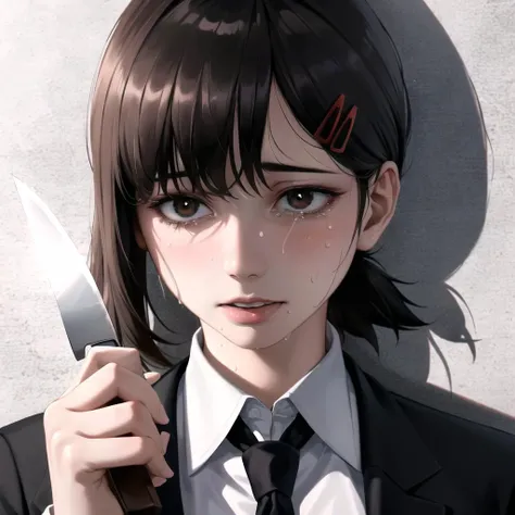 best quality, masterpiece, highres, original, extremely detailed wallpaper, (ultra-detailed), (best illustration), (best shadow), (realism), small breasts, perky breasts, business suit, holding a knife, crazy look, crazy eyes, yandere, sweating, crying, blushing, blazer, black necktie, white collared shirt, (brown eyes), <lora:kobeni_v10:1>