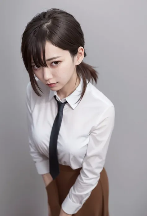 detailed,8k, detailed shadow, looking at viewer,
1girl, tears, hairclip, hair ornament, crying, crying with eyes open, skirt, solo, necktie, breasts, jacket, shirt, brown hair, formal, collared shirt, from above, short hair, gradient background, long sleeves, shadow, gradient, brown eyes, tearing up, white shirt, suit, black skirt, looking at viewer, mole under eye, bangs, office lady, mole, closed mouth, facial, black jacket
, <lora:kobeni:0.8>, (masterpiece,best quality)