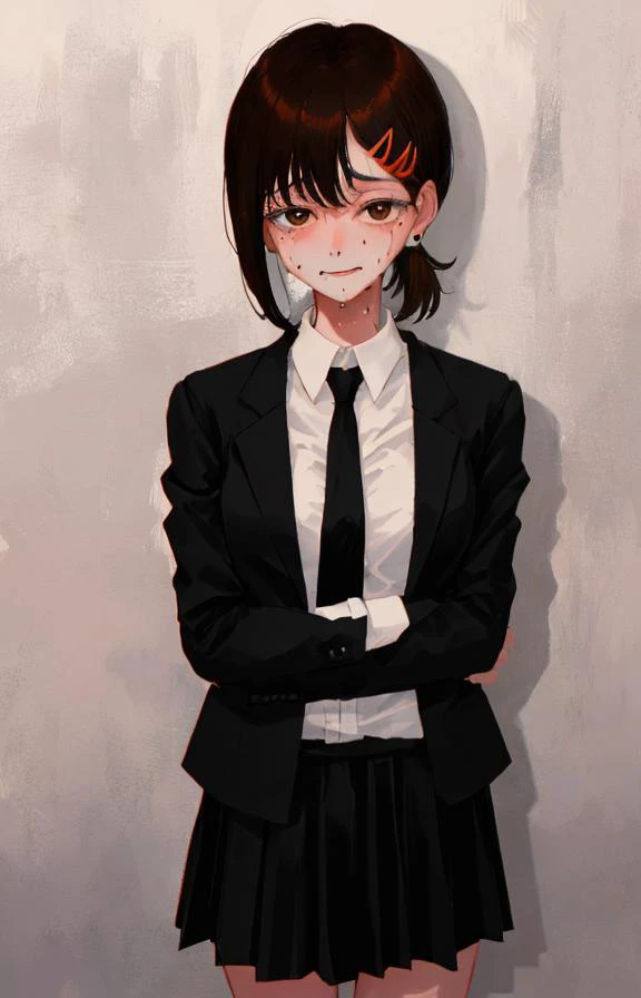 detailed,8k, detailed shadow, looking at viewer, 1girl, solo, bulging eyes, slightly smile, sweat, nervous, crazy,hair ornament, skirt, solo, necktie, breasts, jacket, shirt, brown hair, formal, collared shirt,, short hair, gradient background, long sleeves, shadow, gradient, brown eyes, tearing up, white shirt, suit, black skirt, looking at viewer, mole under eye, bangs, office lady, mole, closed mouth, black jacket , <lora:kobeni:0.99> , (masterpiece,best quality),facing front,mole