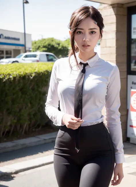 (8k, RAW photo, best quality, masterpiece:1.2),(realistic, photo-realistic:1.37), ((best quality)), ultra high res,extremely detailed CG unity 8k wallpaper, physically-based rendering,cinematic lighting,half body, (bokeh:1.4), (((1girl))), shapely, (slim waist),higashiyama kobeni,black hair,red hairpin,sweat,nervous,white shirt,black necktie,black pants,convenience store,<lora:kobeni_v10:1.0>,