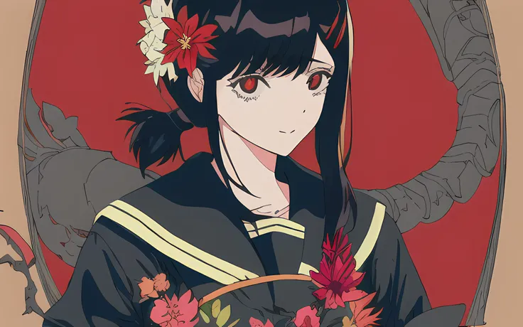 ligne claire ligne claire makima,masterpiece, best quality, flat color, limited palette, low contrast, 1girl, serafuku, long straight black hair, lycoris flower, goat skull, (red, black) <lora:kobeni_v10:1>