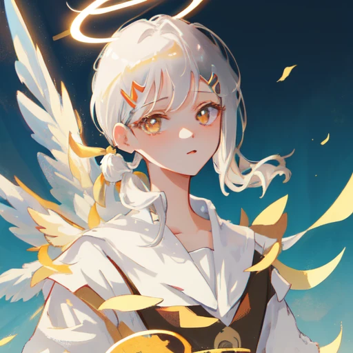 masterpiece, best quality, ultra-detailed, illustration, close-up, straight on, face focus, 1girl, white hair, golden eyes, long hair, halo, angel wings, serene expression, looking at viewer, <lora:kobeni_v10:1>