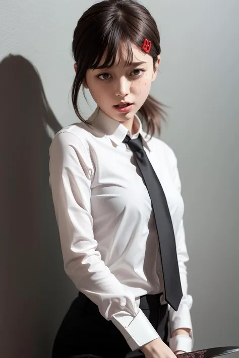 (sfw), (masterpiece:1.2), best quality, masterpiece, highres, original, extremely detailed wallpaper, (ultra-detailed), (best illustration), (best shadow), (realism), small breasts, perky breasts, business suit, holding a knife, crazy look, crazy eyes, yandere, sweating, crying, blushing, blazer, black necktie, white collared shirt, (brown eyes),