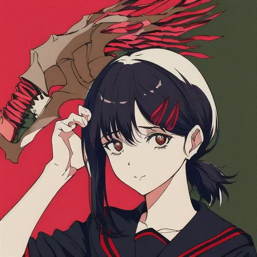 ligne claire makima,masterpiece, best quality, flat color, limited palette, low contrast, 1girl, serafuku, long straight black hair, lycoris flower, goat skull, (red, black) <lora:kobeni_v10:1>