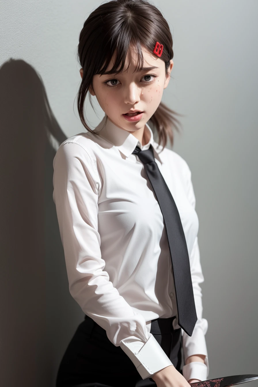 (sfw), (masterpiece:1.2), best quality, masterpiece, highres, original, extremely detailed wallpaper, (ultra-detailed), (best illustration), (best shadow), (realism), small breasts, perky breasts, business suit, holding a knife, crazy look, crazy eyes, yandere, sweating, crying, blushing, blazer, black necktie, white collared shirt, (brown eyes),