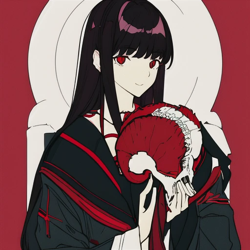 ligne claire makima,masterpiece, best quality, flat color, limited palette, low contrast, 1girl, serafuku, long straight black hair, lycoris flower, goat skull, (red, black) <lora:makimaChainsawMan_offset:1>