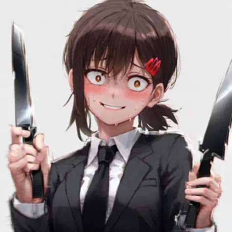 1girl, kobeni, holding knife, sweat, <sword-holding>, constricted_pupils, small breasts, perky breasts, business suit, crazy look, crazy eyes, slight smile, closed mouth, yandere, blushing, blazer, black necktie, white collared shirt, (brown eyes),crazy background 
 <lora:kobeni_v10:1> <lora:crazyExpressions_crazyExpressions:1>