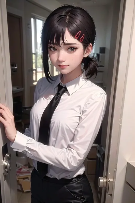 masterpiece, best quality, ultra-detailed, illustration, epic lighting, cinematic composition, isometric, <lora:kobeni_v10:1> 1girl, solo, cute, brown eyes, black hair, swept bangs, single sidelock, red hairclip, white collared shirt, black necktie, black pants, formal, enchanting gaze, captivating pose, indoors, office, door, opening door, looking at viewer, peeking out upper body, blush, seductive smile, closed mouth,(8k:1.1),