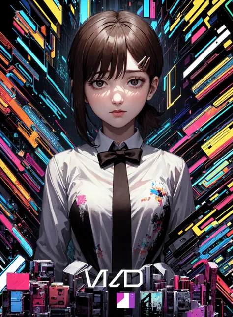 <lora:Character_Kobeni:1>,(masterpiece, top quality, best quality, official art, beautiful and aesthetic:1.2), (1girl:1.3), glitch art, (digital distortion), pixelated fragments, data corruption,colorful noise, visual chaos,contemporary aesthetics,(upper-body), looks at the viewer, looking at viewer, black apron, white shirt, bowtie, brown eyes
