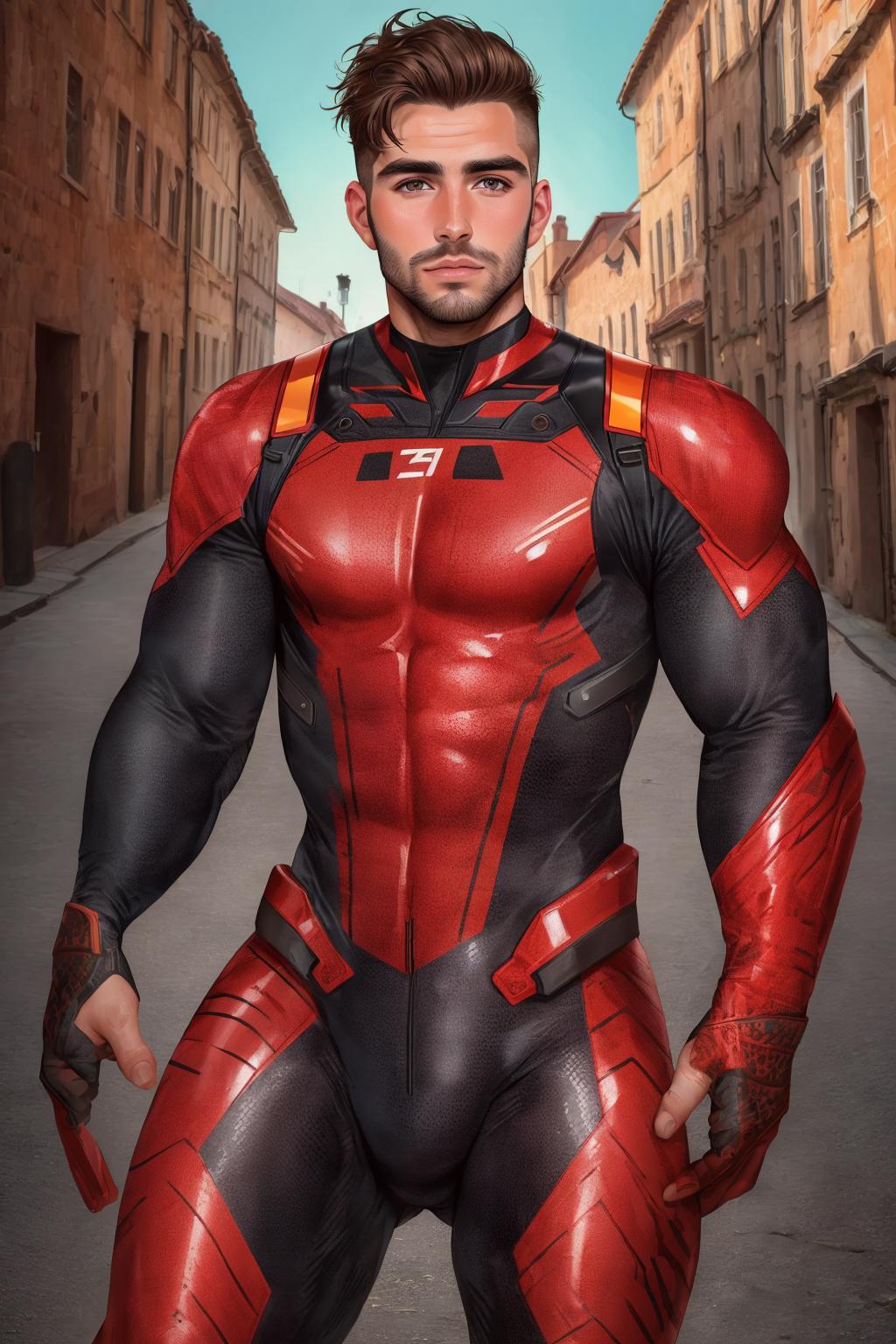 A man in a red and black suit posing for a picture - SeaArt AI