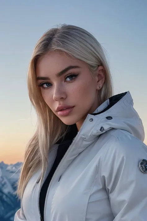 photo of S215_LilyaBraun,a stunning woman,on a (snowy-mountain:1.1),wearing a (parkas:1.1),(sunset),(8k, RAW photo, best quality, depth of field, ultra high res:1.2),(absurdres, intricate, photorealistic, masterpiece, ultra-detailed:1.3),
