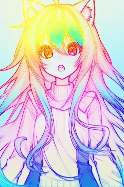 1girl, solo, cat ears, multicolored hair, ((gradient hair), white+(blue)+(pink:0.5) hair//), very long hair, messy hair, bangs, ahoge, ((gradient eyes), pink+light_blue eyes//), slit pupils, glowing eyes, 1fang,
:o,
white sweater,, masterpiece, best quality,
<lora:rainLine:1>